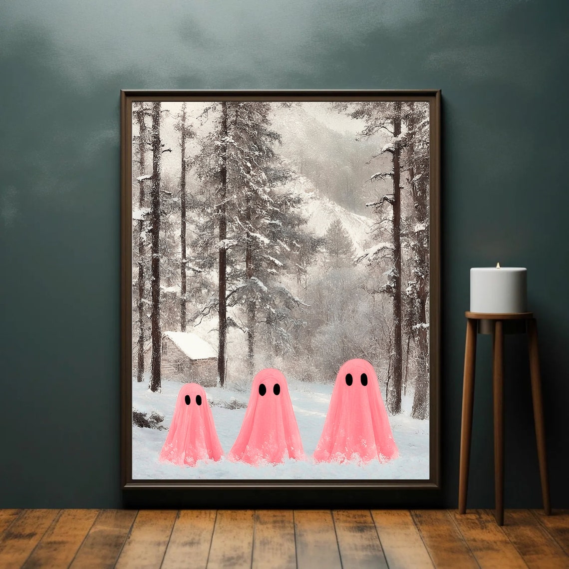 Three Pink Ghosts in Snowy Pine Forest Winter Holiday Scene Print - Image 3