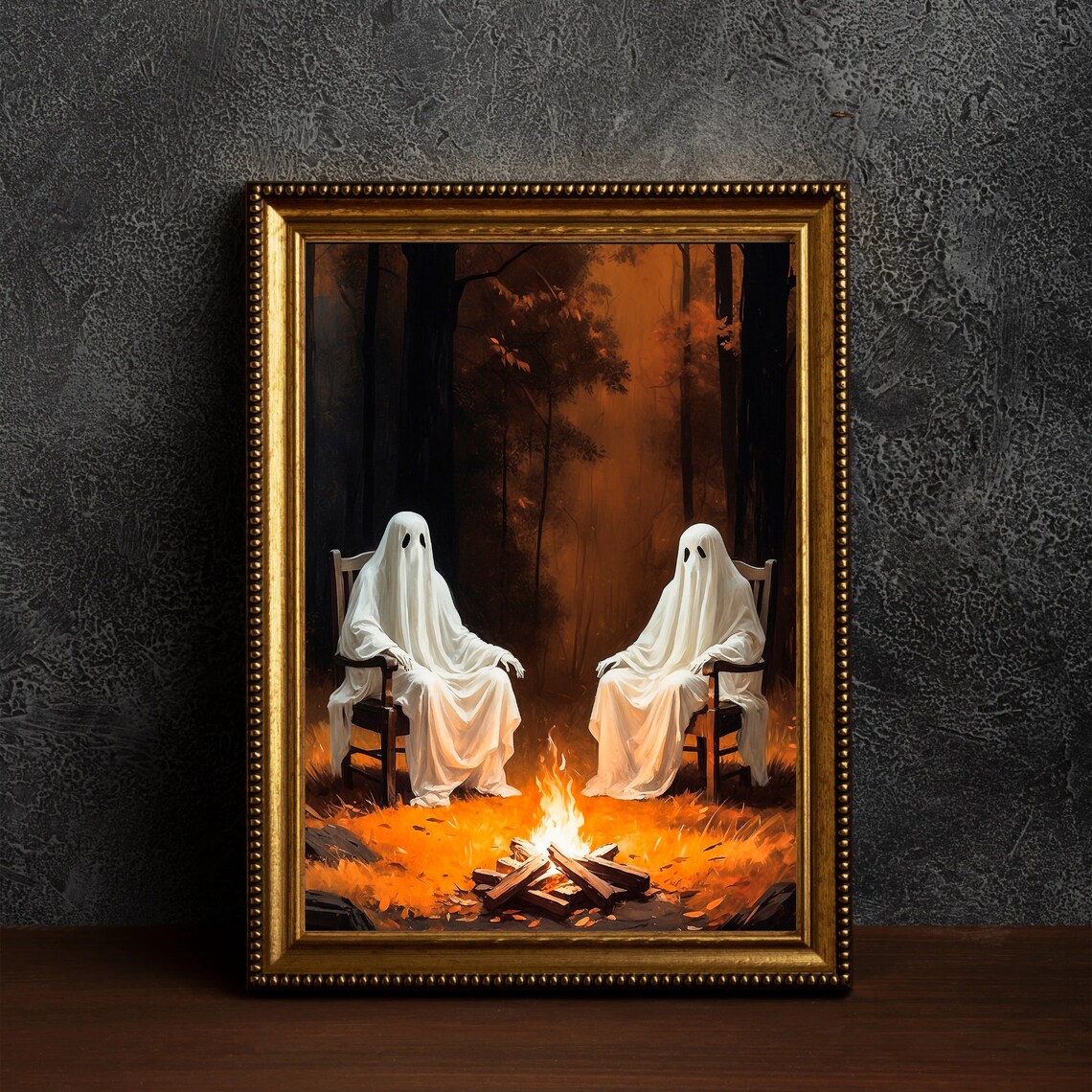 Two Ghosts Sitting By A Crackling Campfire In An Autumn Forest Painting Poster - Image 4