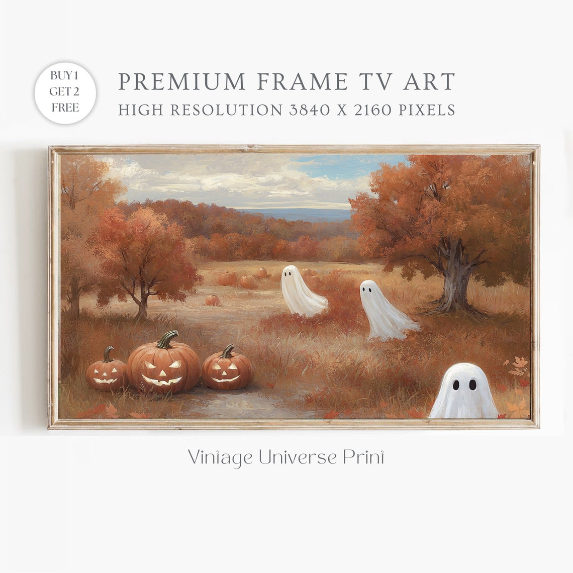 Cute Ghosts And Jack O Lanterns Pumpkin Field Halloween Poster