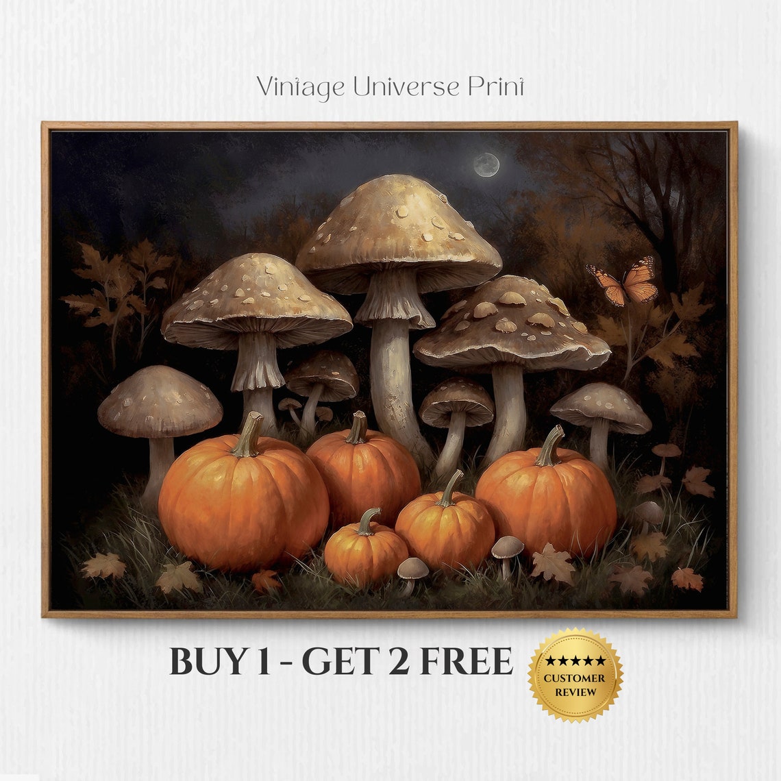 Orange Pumpkins And Giant Mushrooms Moonlit Night Fall Poster
