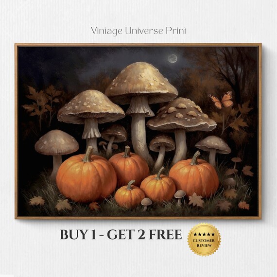 Mushroom Autumn Vintage Print Fall Pumpkin Wall Art Moody Autumn Forest Painting Fall Rustic Wall Print Nature Wall Art Farmhouse Decor