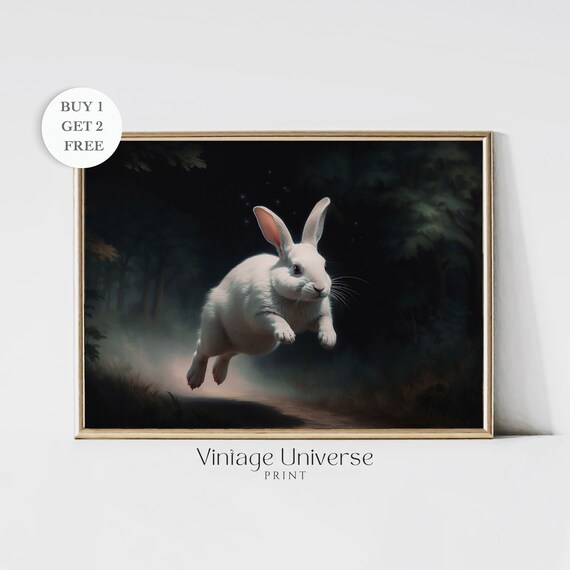 White Rabbit Leaping Through a Dark Misty Forest Night Art Print