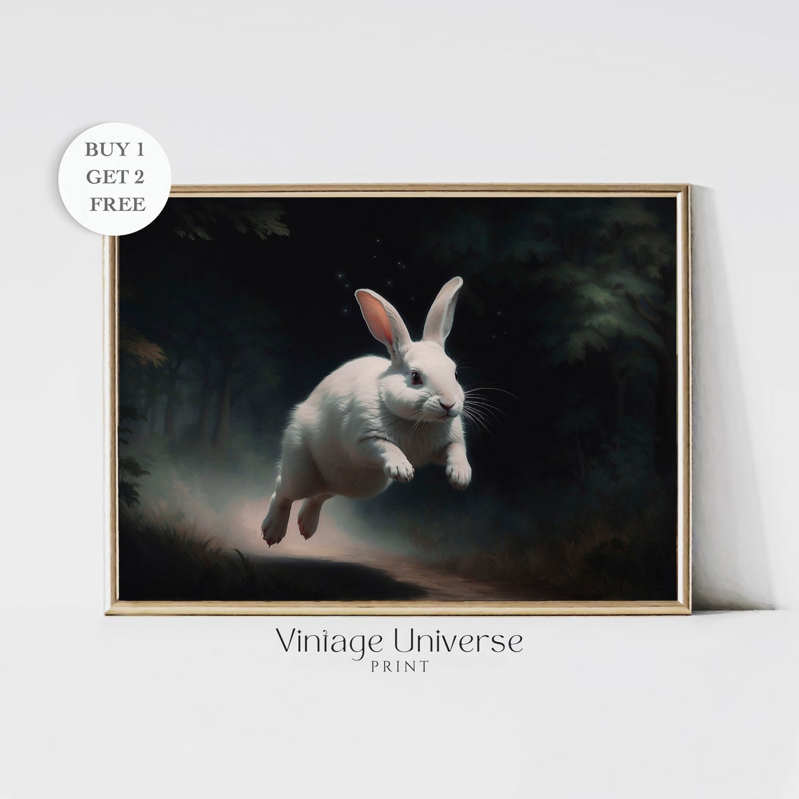 White Rabbit Leaping Through a Dark Misty Forest Night Art Print