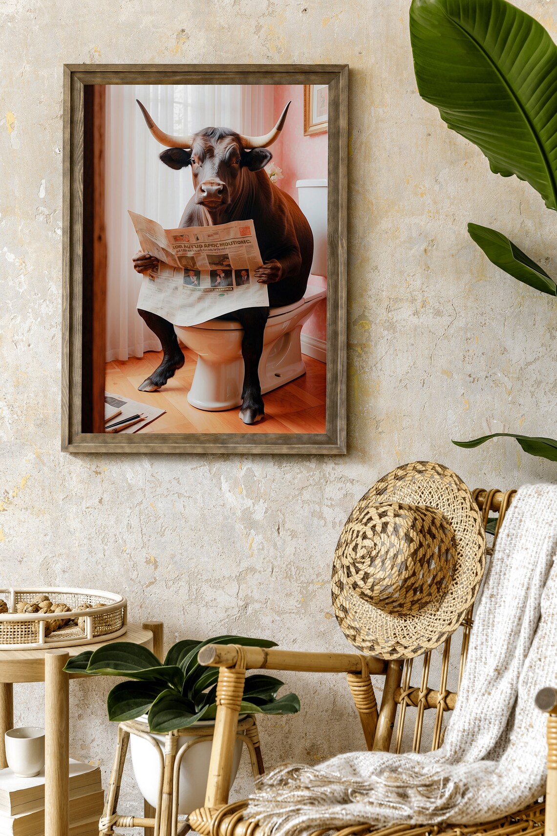 Longhorn Bull Reading Newspaper On Toilet Funny Animal Poster - Image 3