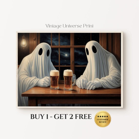 Two Ghosts Sharing Beers at a Wooden Table by a Night Window Funny Poster
