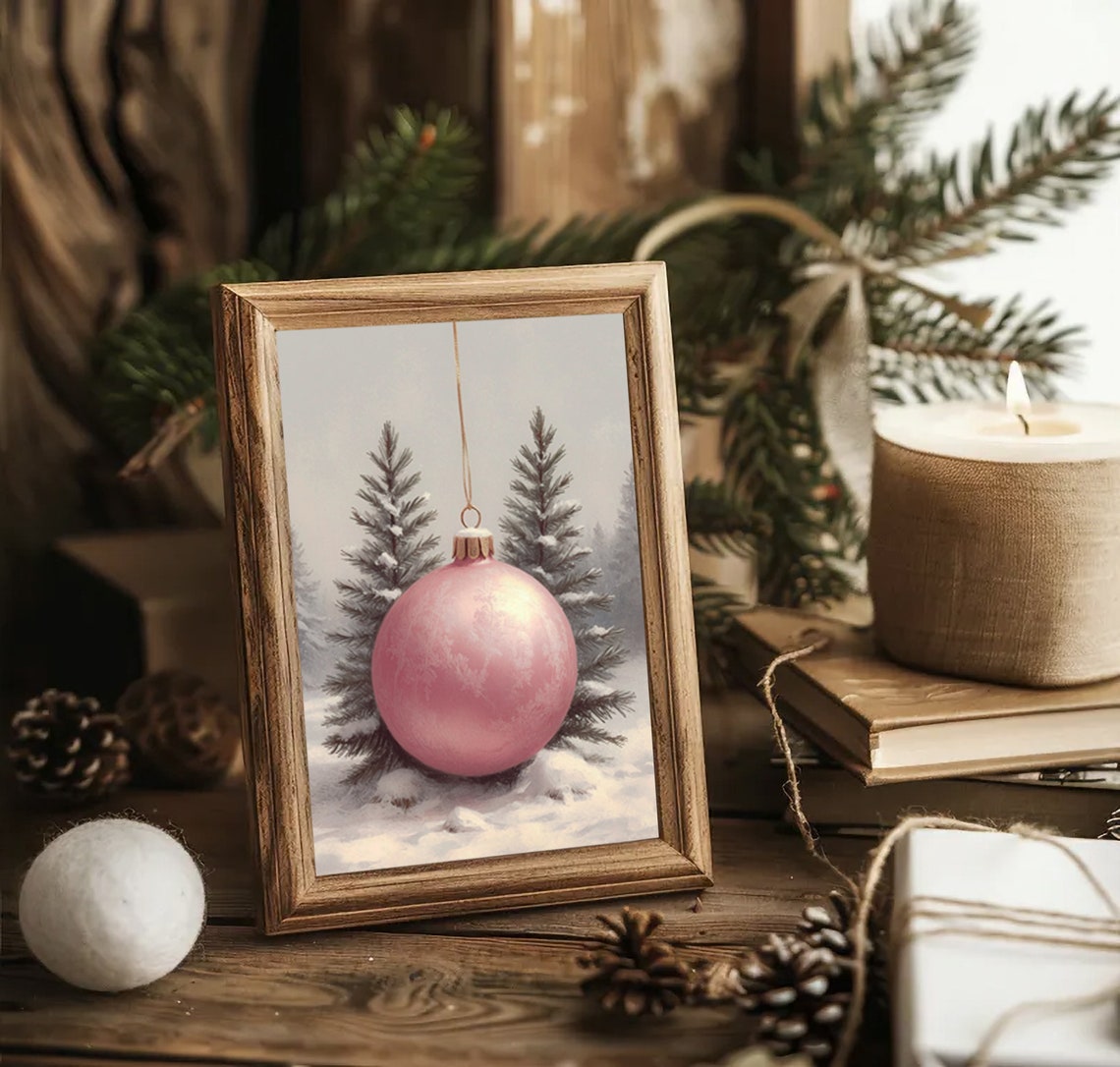 Pink Christmas Ornament Bauble Snowy Pine Trees Winter Holiday Poster - Image 3