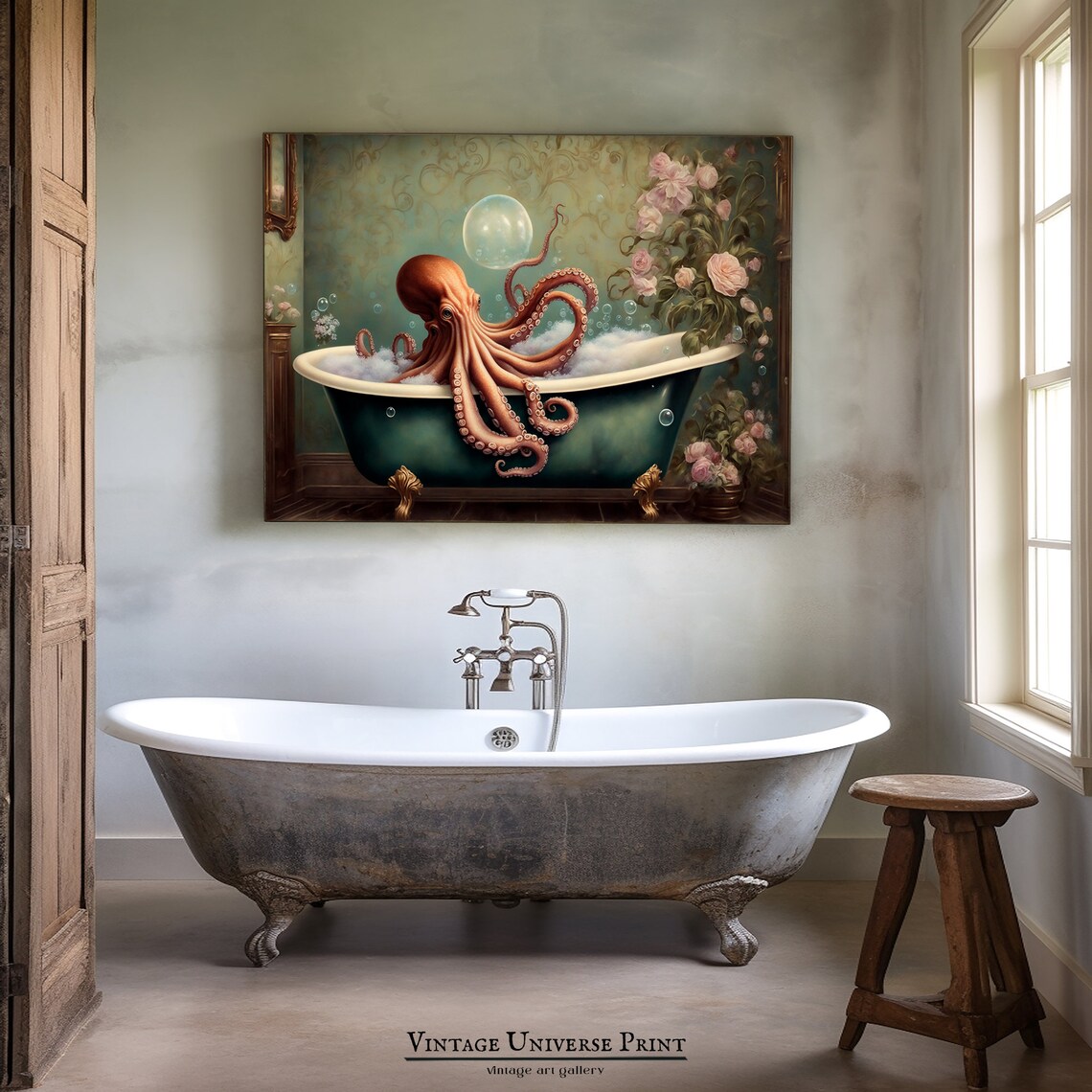 Octopus In Bathtub Print Octopus Wall Art Bathroom Wall Art Print Octopus Poster Bathroom Decor Bath Art Print Instant - Image 3