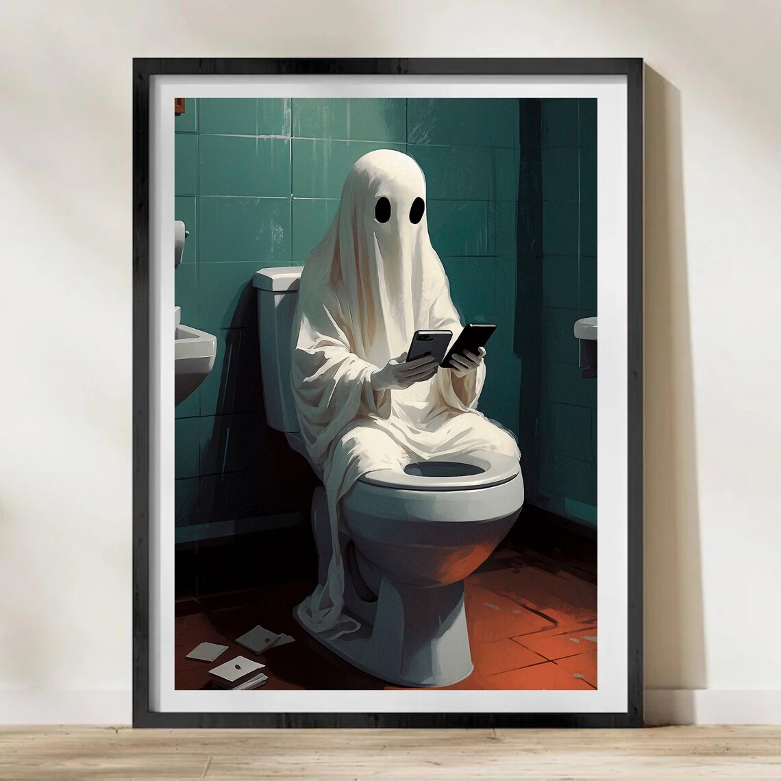 Ghost Sitting On A Toilet Scrolling A Phone In A Teal Bathroom Funny Art Print - Image 4