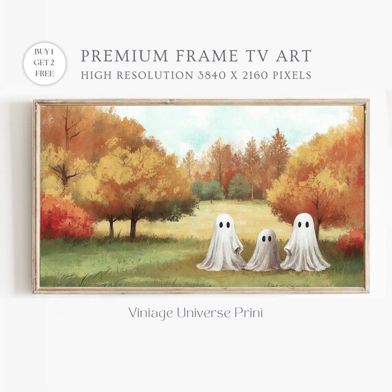 Three Cute Ghosts In Colorful Autumn Meadow Fall Halloween Poster