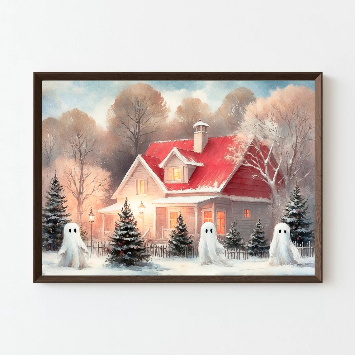 Three Ghosts Outside Christmas House Snowy Holiday Scene Print - Image 4