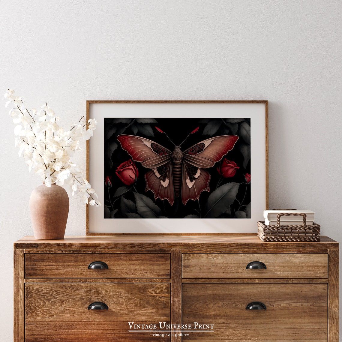 Dark Gothic Moth with Red Roses Moody Dark Insect Art Poster - Image 4