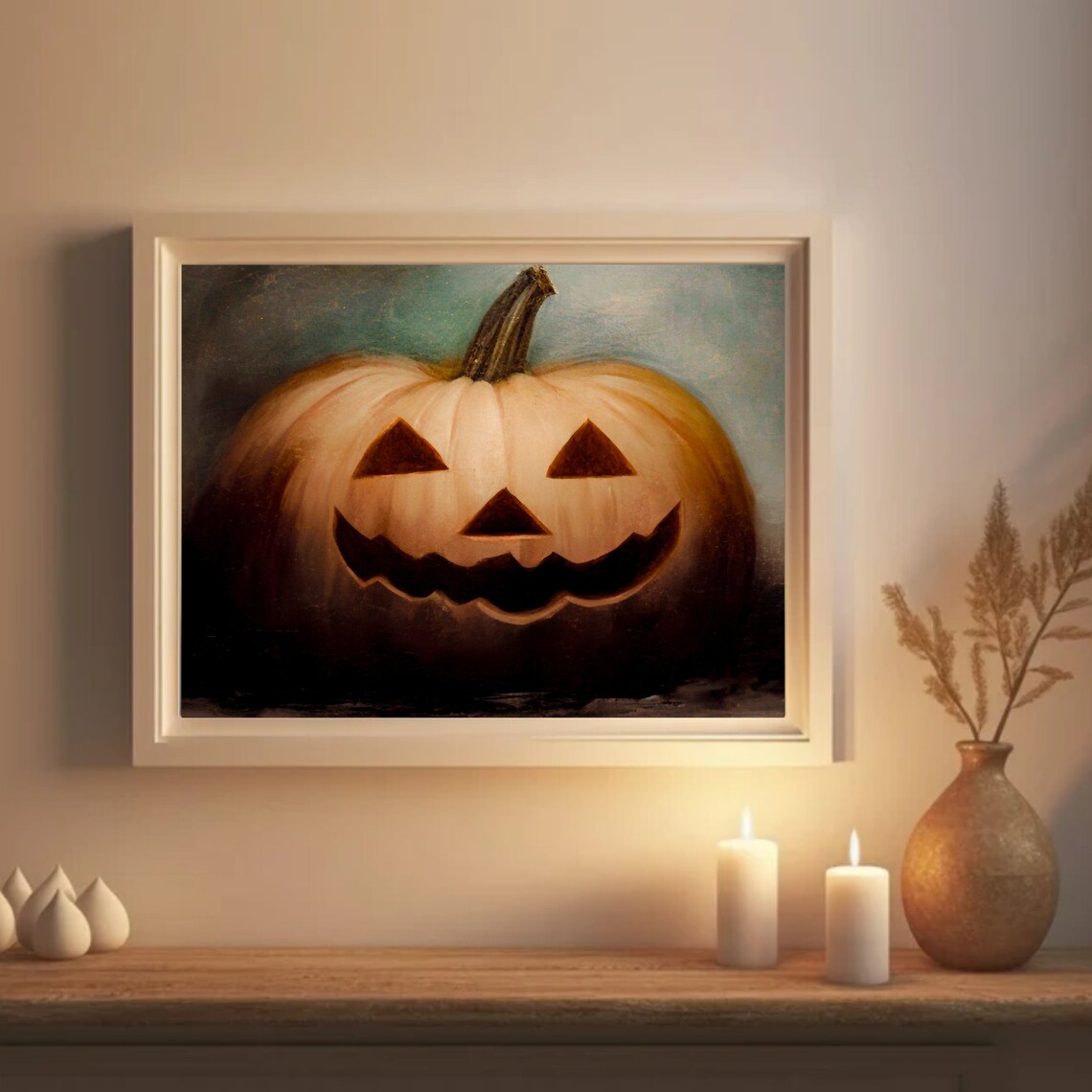 Glowing Jack O Lantern Spooky Grin Dark Night Halloween Print - Image 3