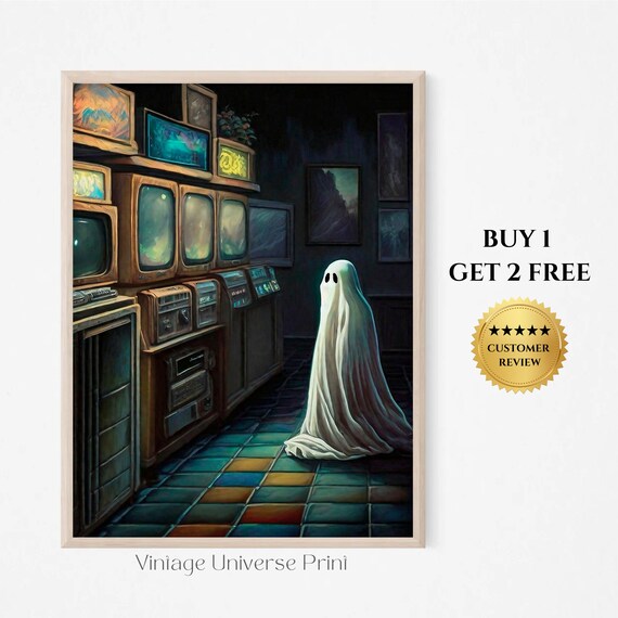 Ghost Vintage TV Shop Retro Electronics Store Spooky Night Poster