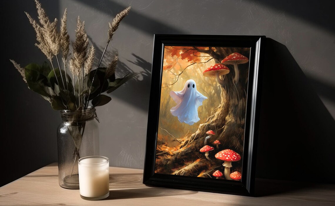 Cute Ghost By Tree With Red Mushrooms In Autumn Forest Halloween Painting Poster - Image 2