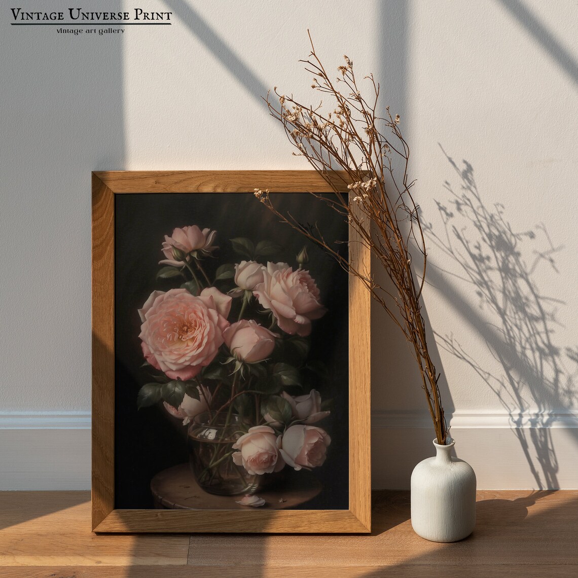 Blush Pink Roses In A Glass Vase On Dark Background Vintage Print - Image 3