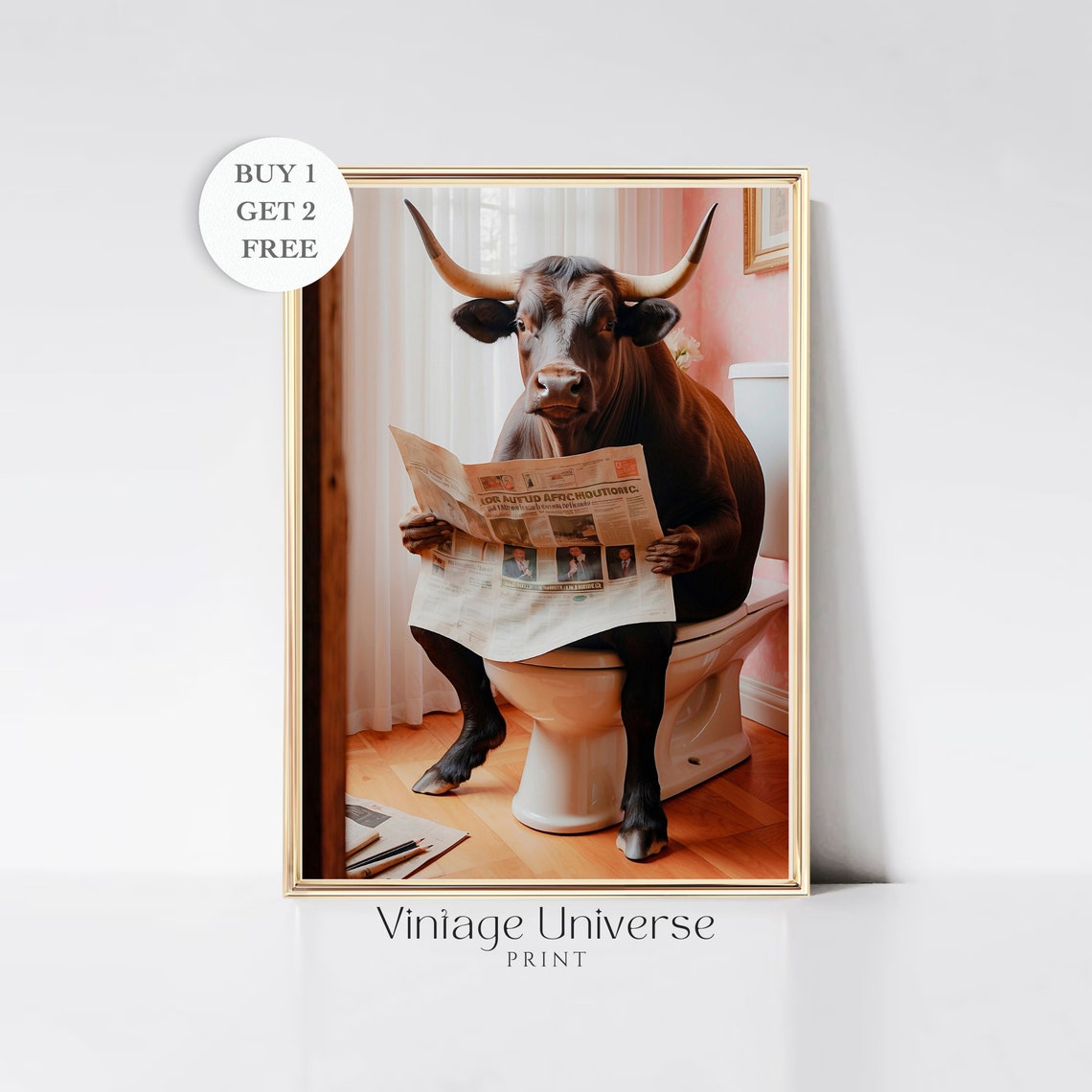 Longhorn Bull Reading Newspaper On Toilet Funny Animal Poster