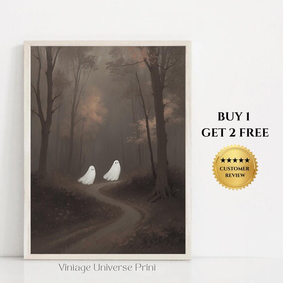 Ghosts In Moody Forest Print Halloween Wall Art Dark Cottagecore Print Rustic Farmhouse Art Vintage Dark Academia Wall Decor