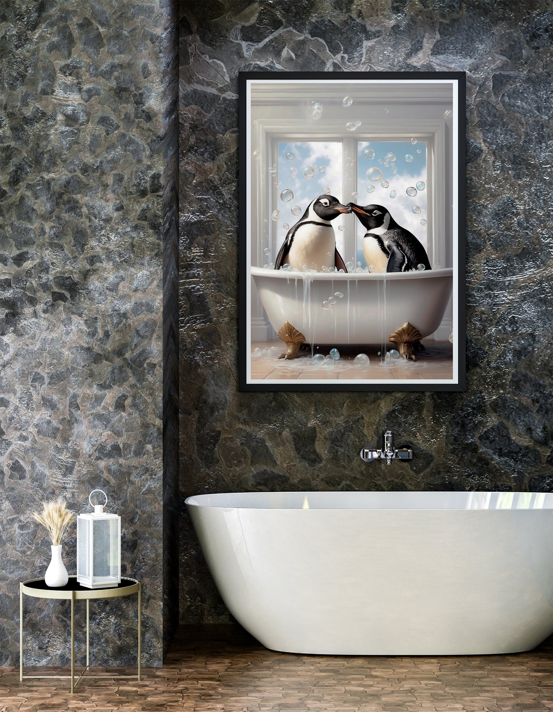 Two Penguins Sharing a Bubble Bath in a Vintage Tub Art Print - Image 2