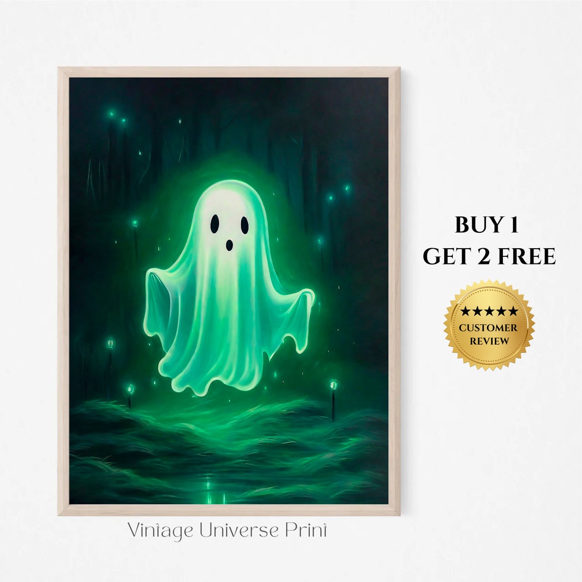 Glowing Green Ghost Dark Forest Fireflies Neon Spooky Wall Art