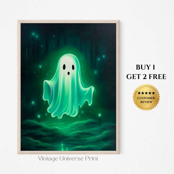 Glowing Green Ghost Dark Forest Fireflies Neon Spooky Wall Art