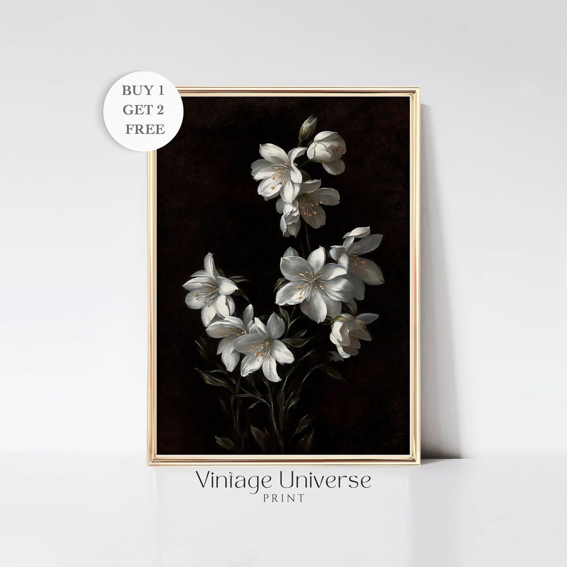 White Lilies on Dark Background Moody Vintage Botanical Wall Art