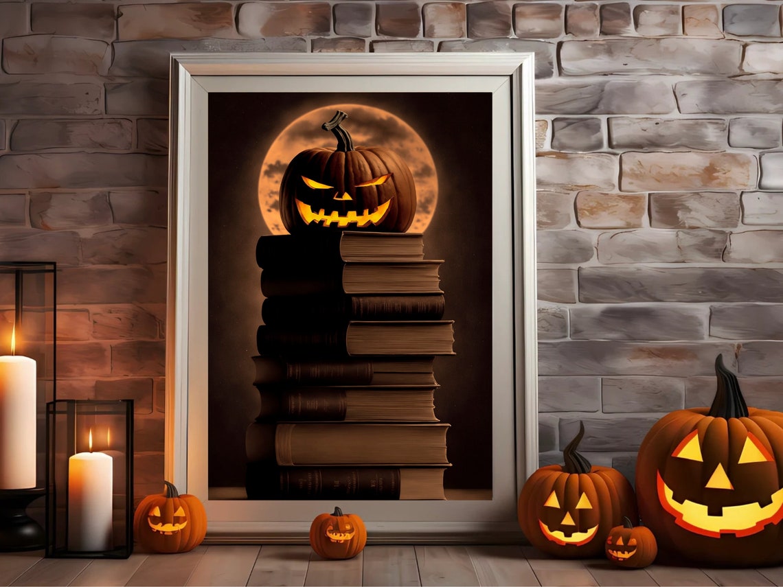 Glowing Jack O Lantern on Stack of Books Spooky Halloween Poster - Image 3