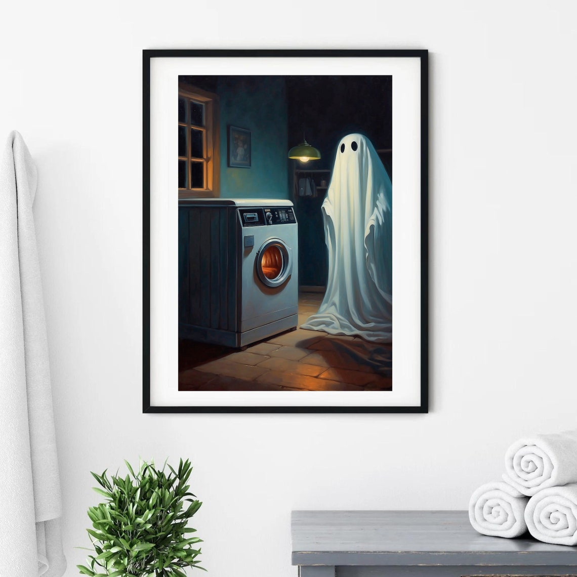 Ghost Doing Laundry by a Washing Machine in a Dark Room Spooky Poster - Image 2