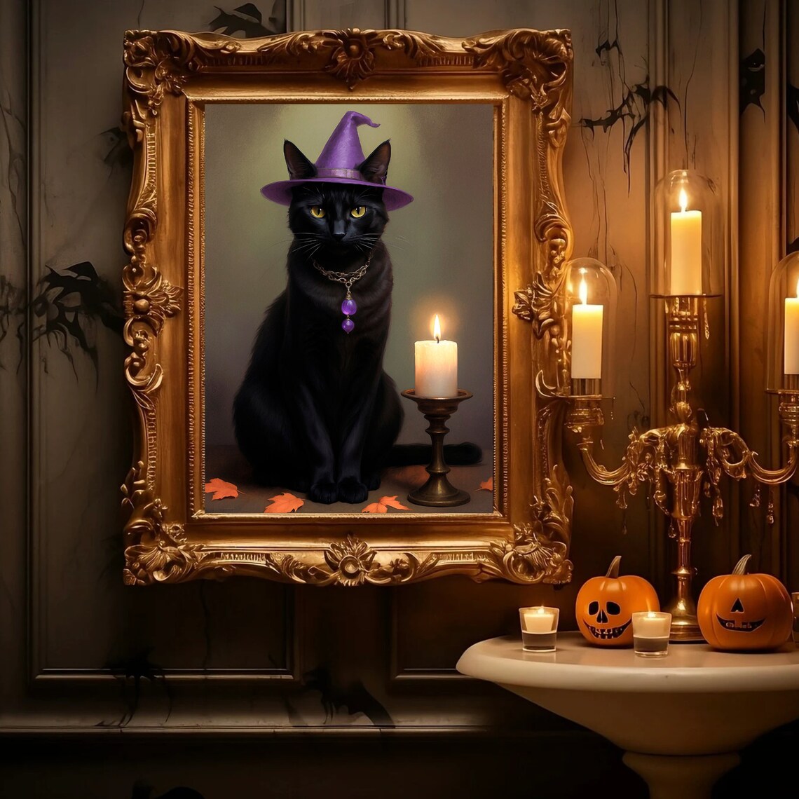Black Cat Wearing Purple Witch Hat With Candle Halloween Portrait Painting Poster - Image 2