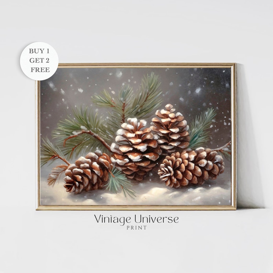 Snowy Pinecones on Evergreen Branch Winter Still Life Poster