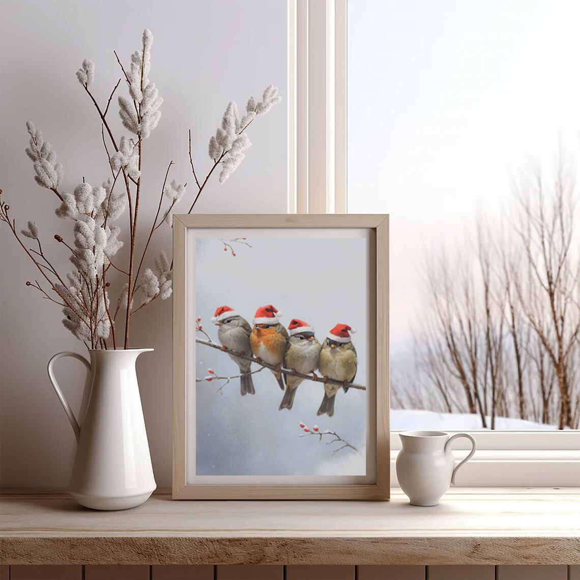 Four Birds With Santa Hats On Branch Winter Christmas Poster - Image 4