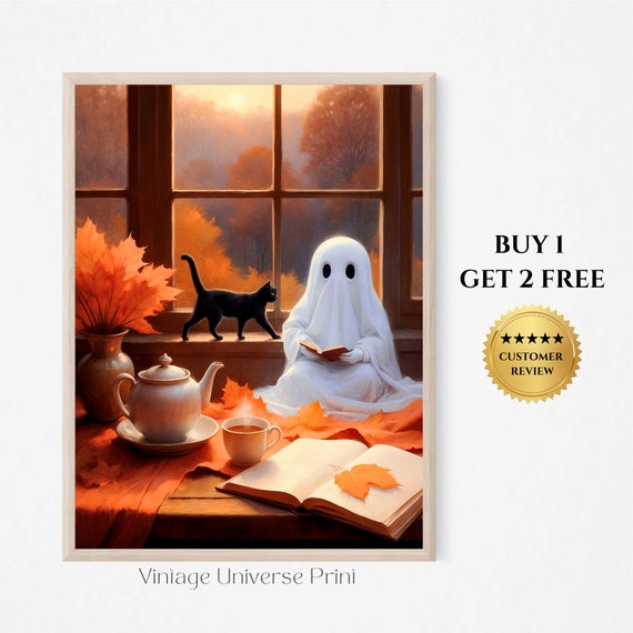 Cute Ghost In The Window Autumn Farmhouse Vintage Painting Cozy Ghost Fall Home Decor Ghost Halloween Art Print Cottage Fall Wall Art180