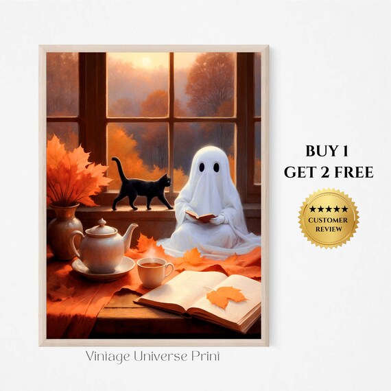 Cute Ghost Reading Book By Autumn Window With Cat And Tea Fall Painting Poster