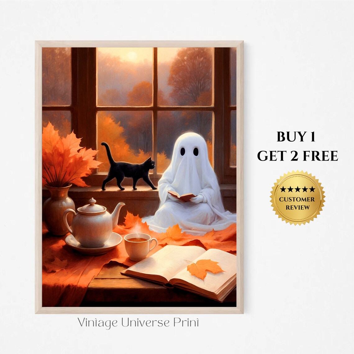 Cute Ghost Reading Book By Autumn Window With Cat And Tea Fall Painting Poster