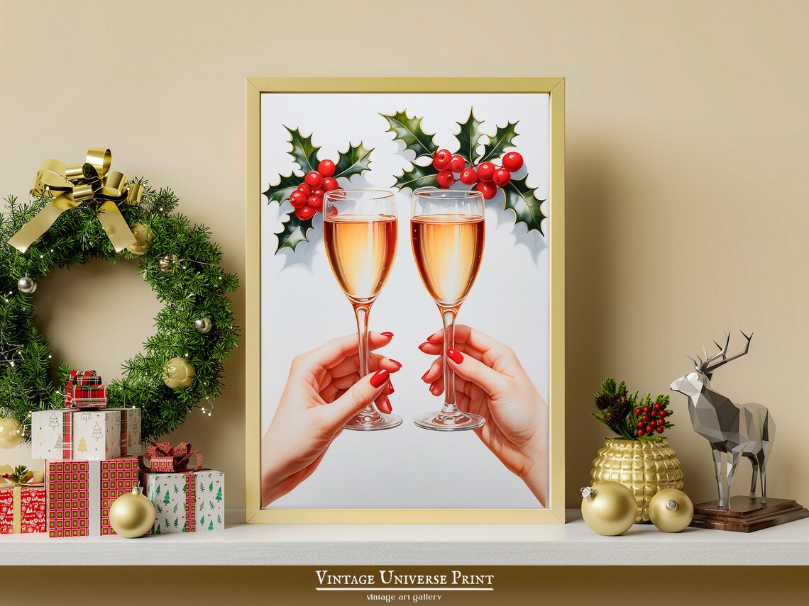 Champagne Cheers Holly Berries Festive Christmas Holiday Toast Poster - Image 2