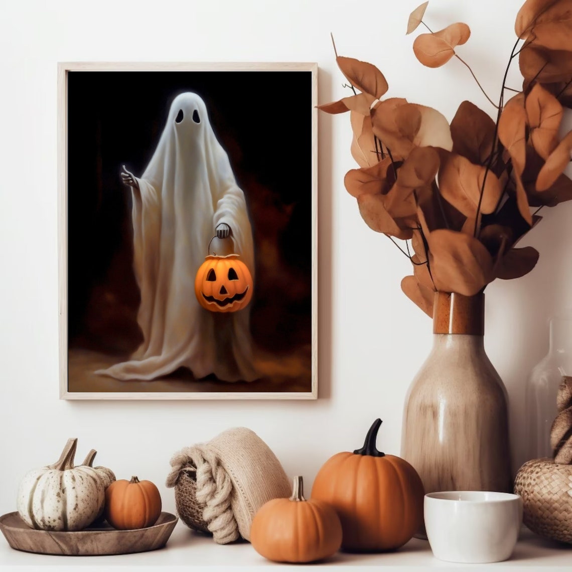 Cute Ghost Holding Jack O Lantern Bucket Halloween Night Poster - Image 4