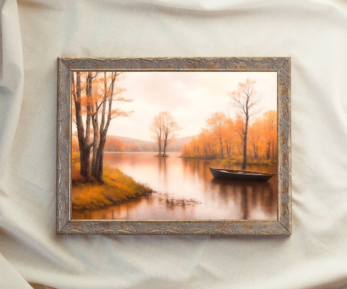 Calm Autumn Lake with a Rowboat and Golden Orange Trees Fall Poster - Image 2