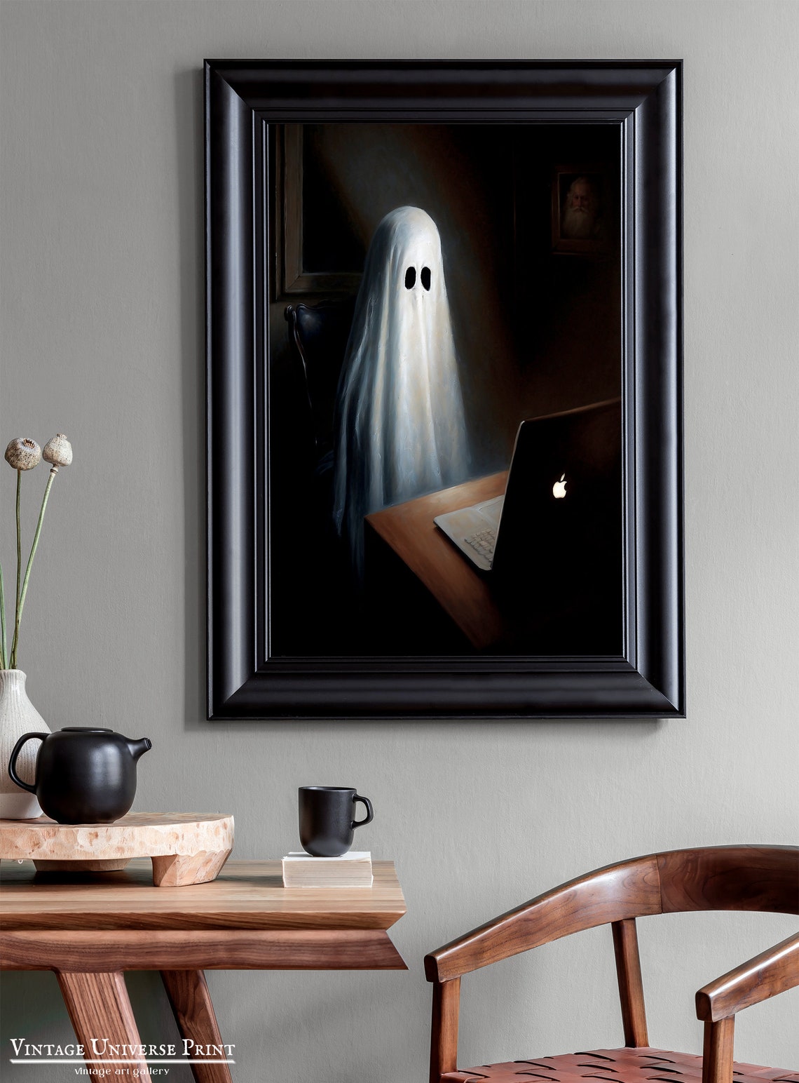Ghost Working At A Desk With Laptop In Dark Room Funny Print - Image 2