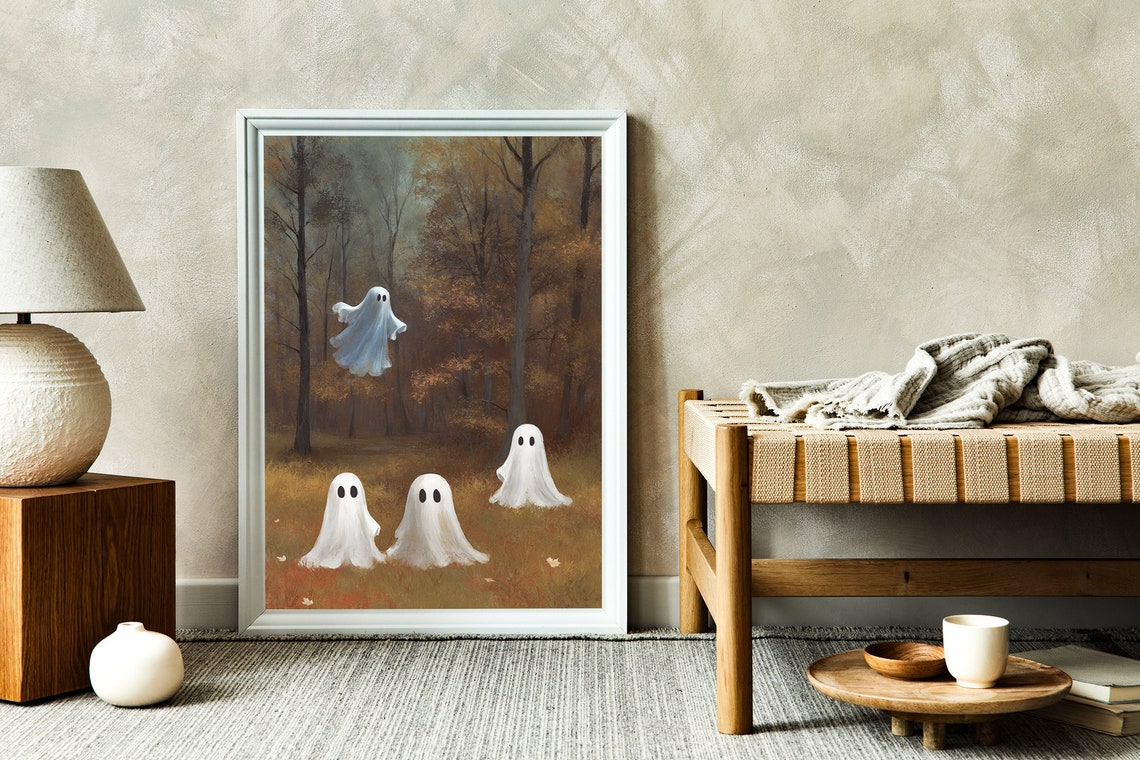 Four Ghosts In Dark Misty Autumn Forest Vintage Halloween Poster - Image 2