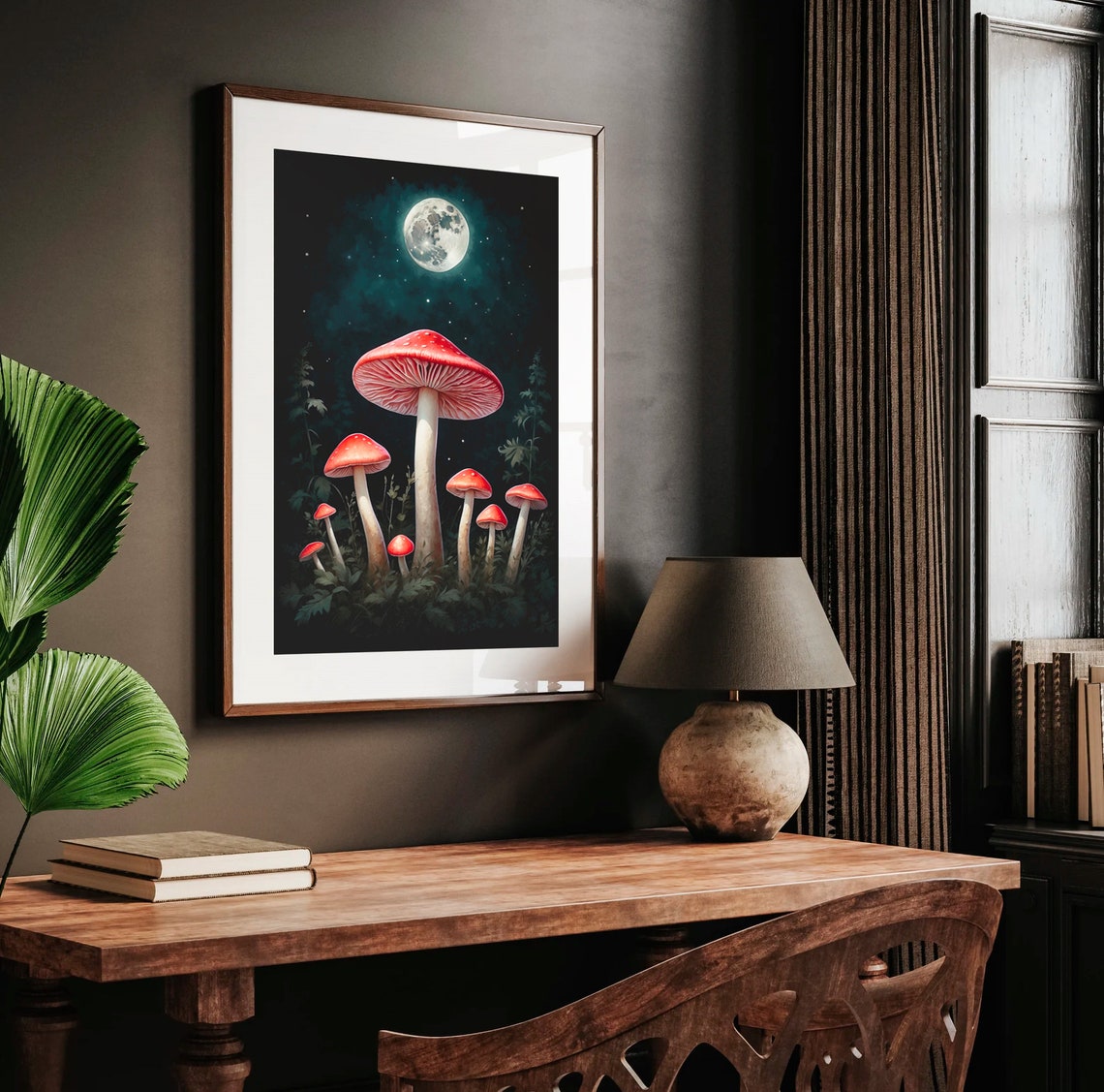 Red Capped Mushrooms Under a Full Moon in Dark Starry Night Art Print - Image 3