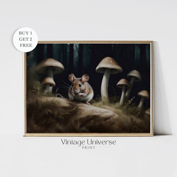 Mouse Mushrooms Print Woodland Animal Painting Cottagecore Wall Art Forest Decor Moody Wall Art Nature Aesthetic Dark Botanical Art