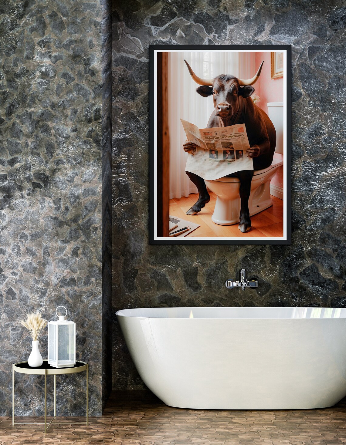 Longhorn Bull Reading Newspaper On Toilet Funny Animal Poster - Image 4