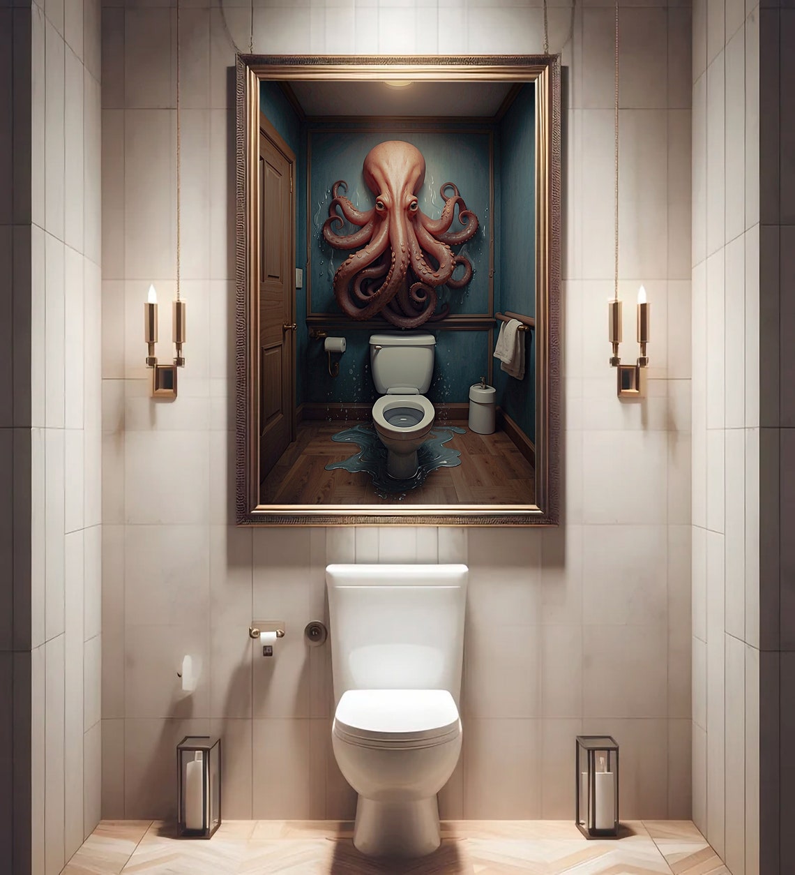 Giant Octopus Above The Toilet Moody Surreal Bathroom Poster - Image 4