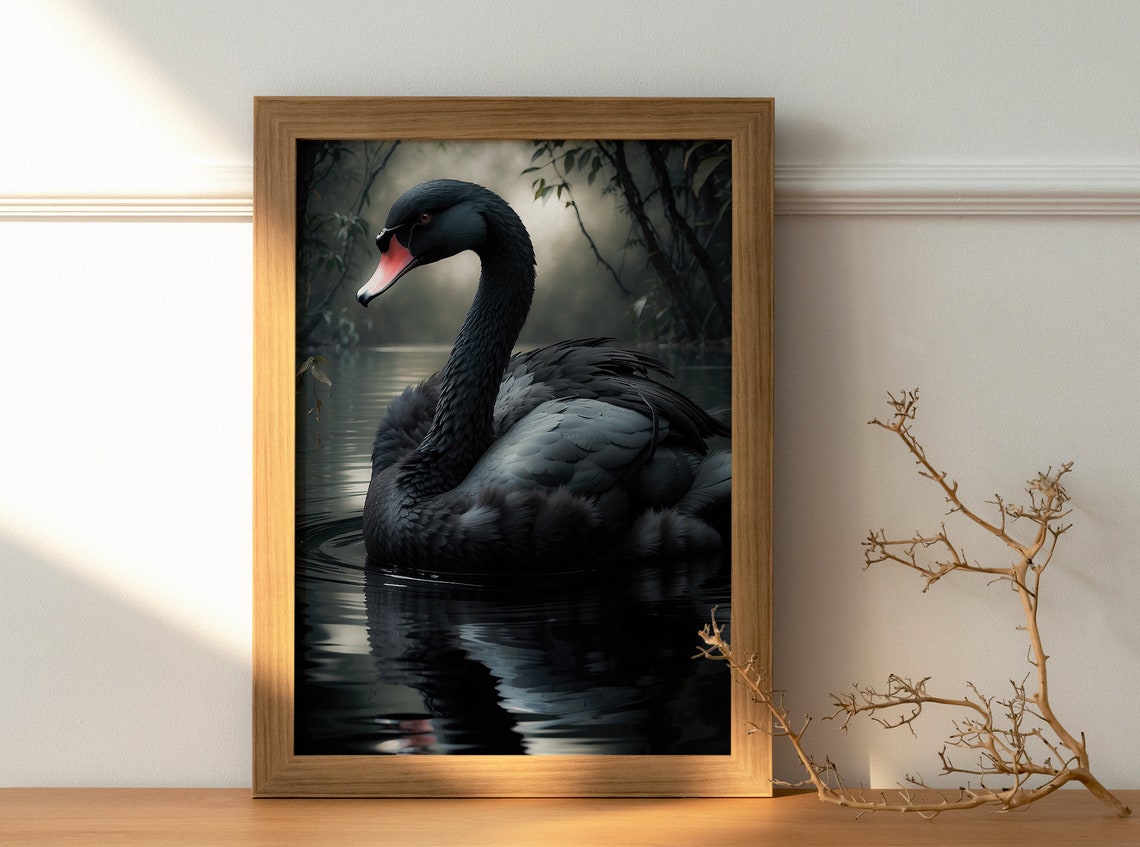 Black Swan Gliding on Dark Water with Moonlit Reflections Art Print - Image 4
