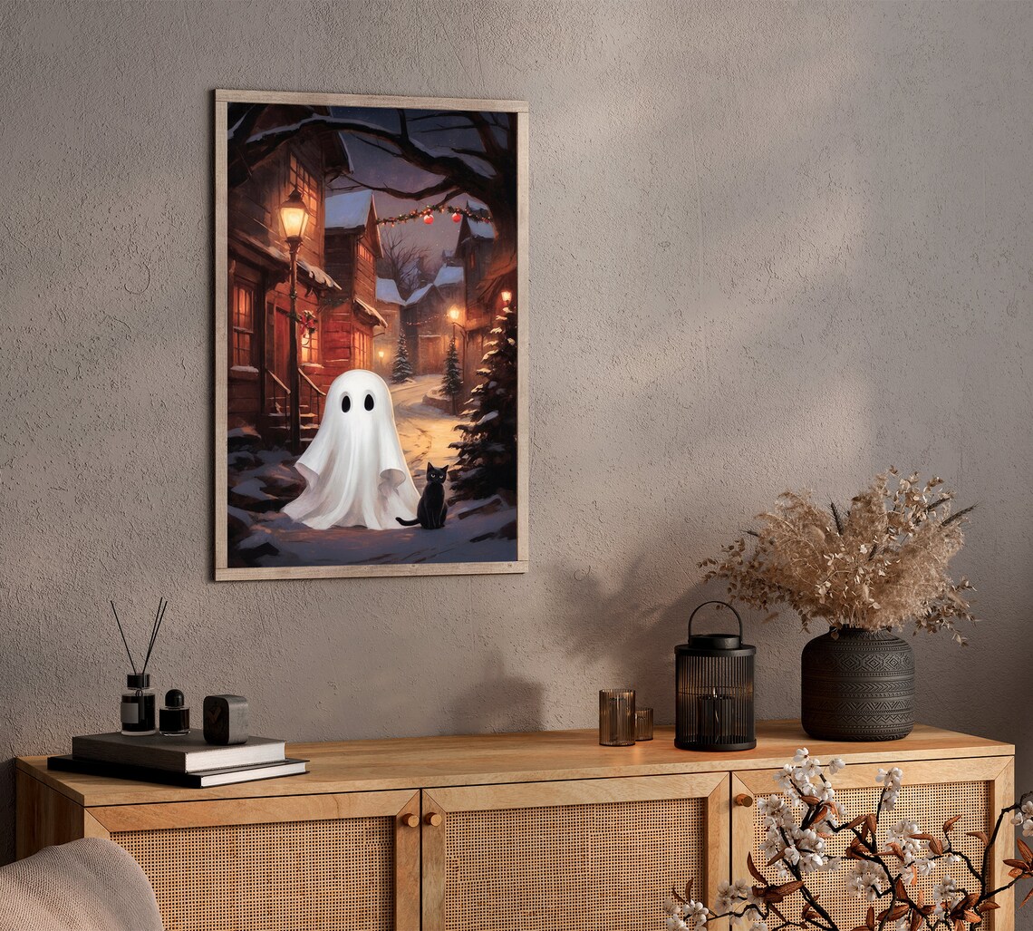 Ghost and Black Cat on Snowy Christmas Street at Night Print - Image 2