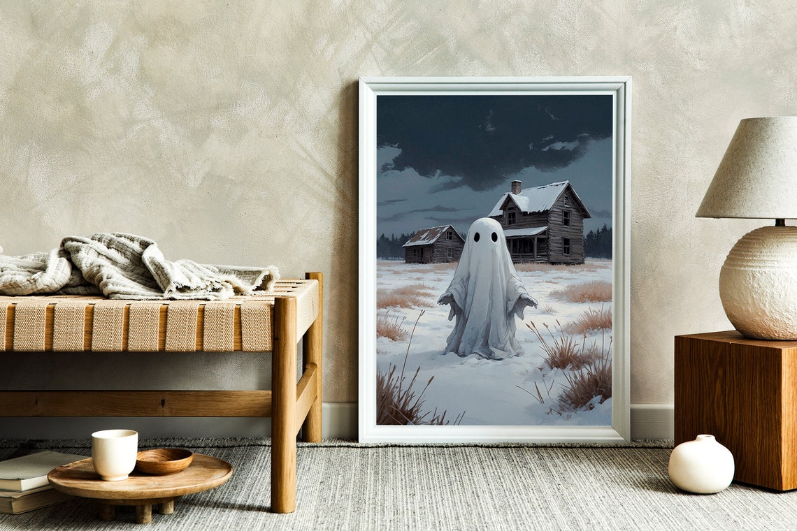 Ghost in Snowy Field Before Old Farmhouse Moody Winter Print - Image 3