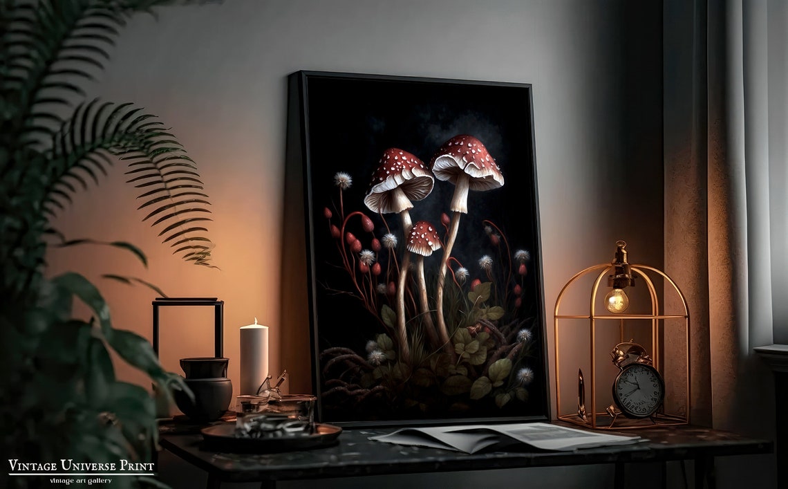 Red Fly Agaric Mushrooms With Seed Heads On Black Background Poster - Image 2