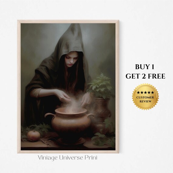Witch Making Potions In Cauldron Vintage Painting Halloween Print Witchy Decor Art Moody Wall Art Dark Academia Botanical Aesthetic