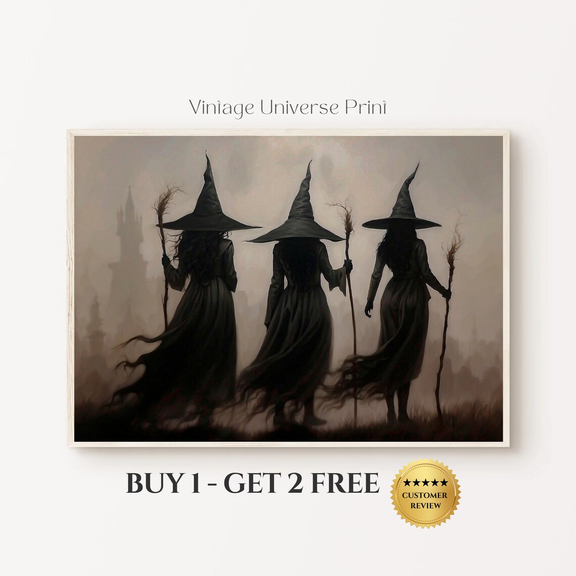 Three Witches with Brooms Walking into the Fog Moody Halloween Wall Art