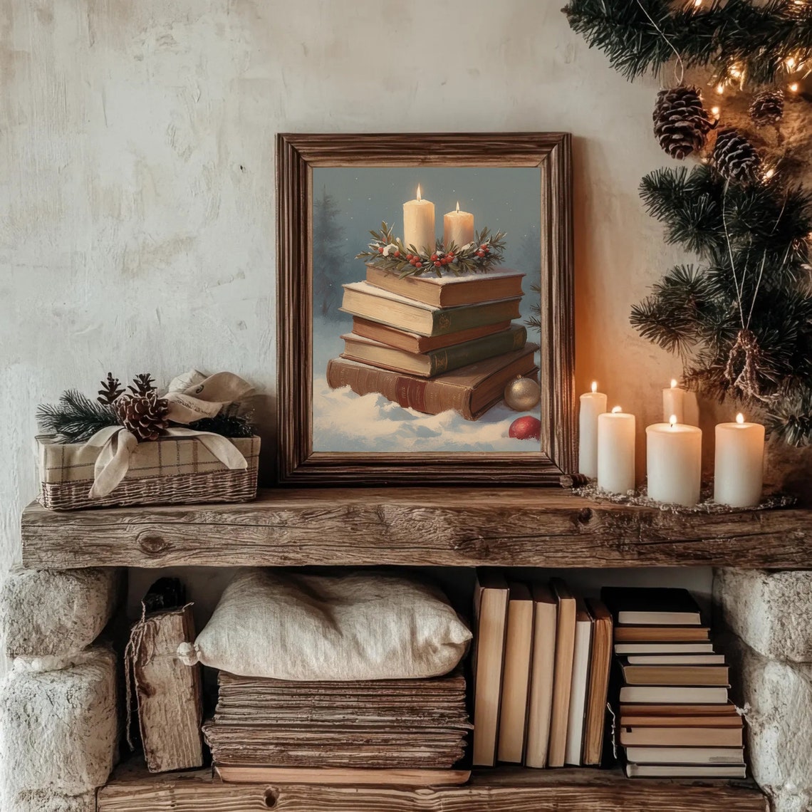 Vintage Christmas Books Still Life With Candles Winter Snow Poster - Image 4