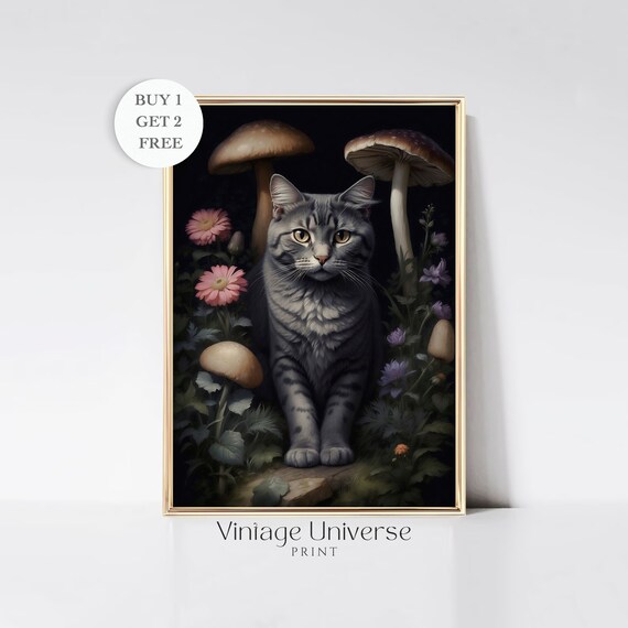 Gray Tabby Cat Among Mushrooms and Flowers at Night Art Print